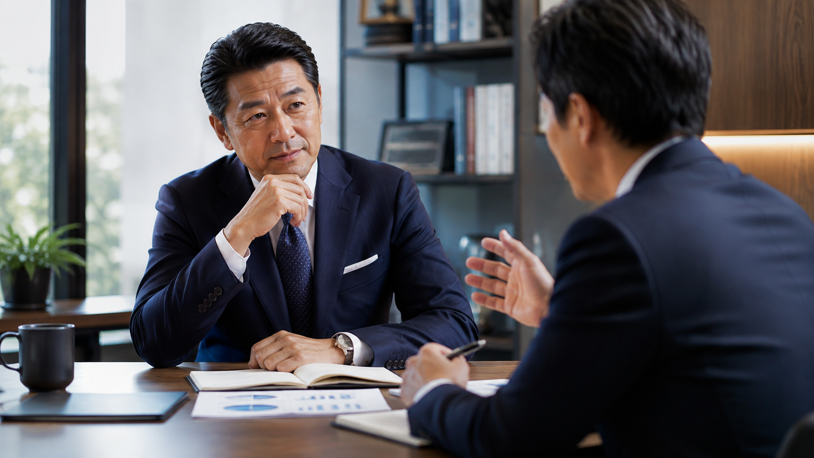 経営者同士が対話する経営相談の場面