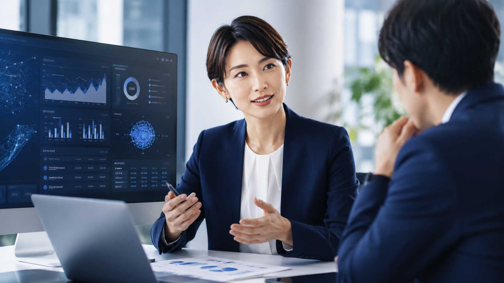 ダッシュボードを見ながら議論するAI活用のビジネスミーティング